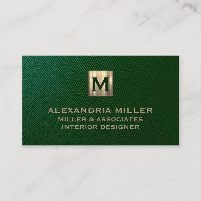 Emerald Green Brushed Gold Monogram Business Card (Front)