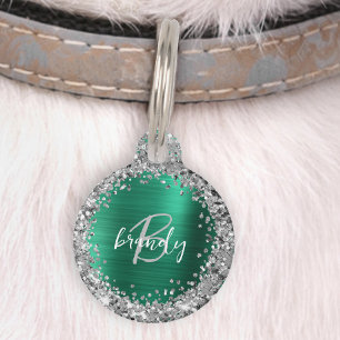 Emerald Green Brushed Metal Glitter Monogram Pet Tag