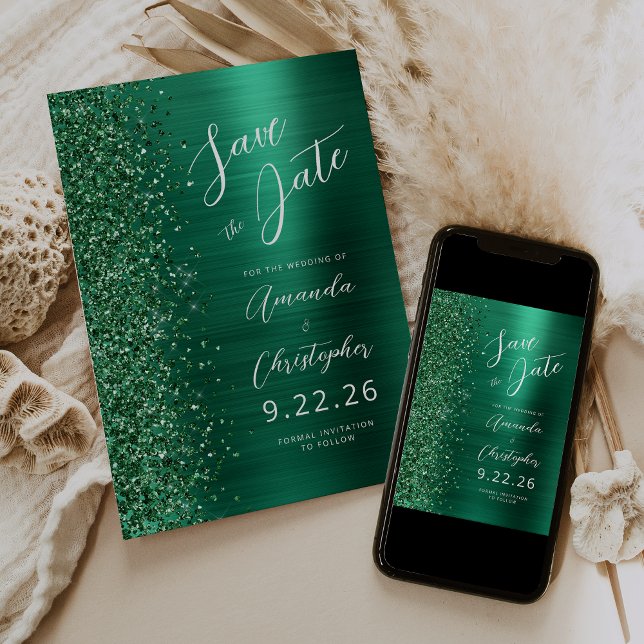 Emerald Green Brushed Metal Script Save the Date Announcement (Creator Uploaded)