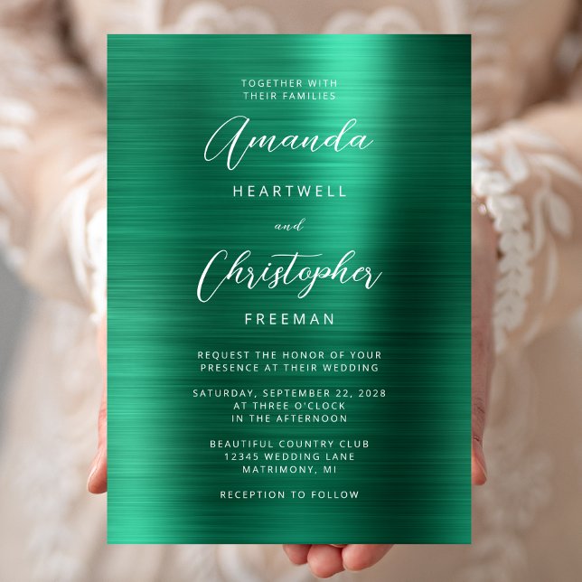 Emerald Green Brushed Metal Script Wedding Invitation (Creator Uploaded)
