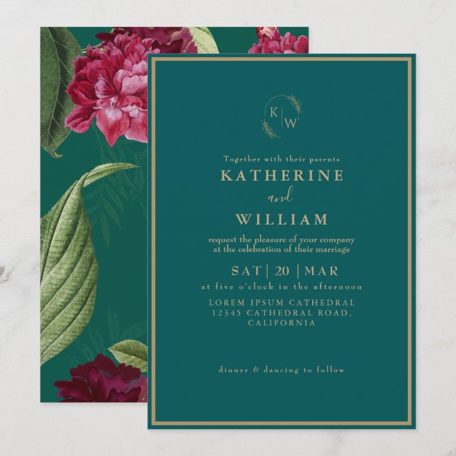 Emerald Green burgundy Dusty Rose floral Wedding Invitation (Front/Back)