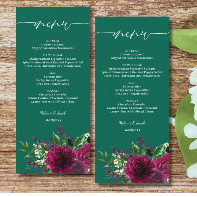 Emerald Green Burgundy Floral Wedding Menu (Creator Uploaded)