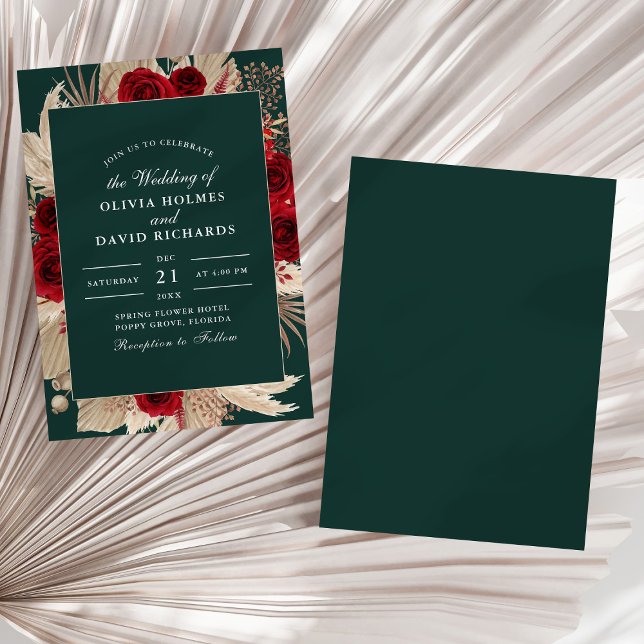 Emerald Green Burgundy Roses Wedding Invitation (Emerald Green Burgundy Roses Wedding Invitation on a sunny white dry palm leaf.)