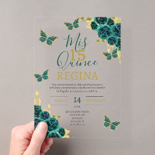 Emerald Green Butterflies Quinceañera Acrylic Invitations