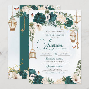 Emerald Green Butterfly Floral Elegant Quinceañera Invitation