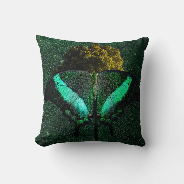 Emerald Green Butterfly Organic Sophisticated Art Throw Pillow (Front)