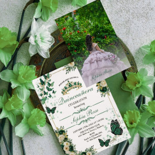 Emerald Green Butterfly Quinceañera Photo Invite