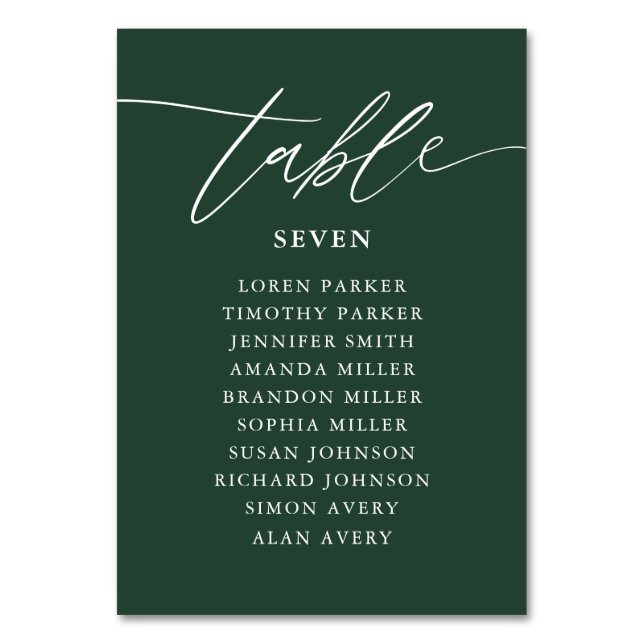 Emerald Green Calligraphy Wedding Seating Chart Table Number (Front)