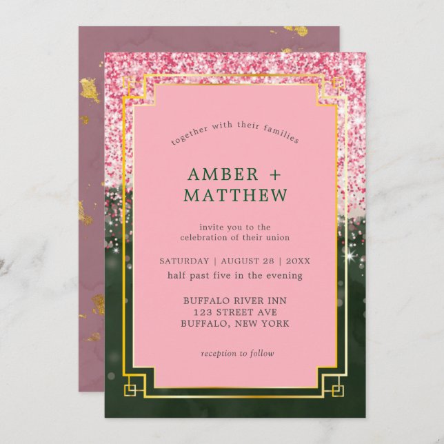 Emerald Green Canyon Rose Art Deco Wedding Invites (Front/Back)