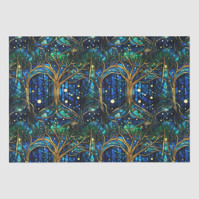 Emerald Green Celestial Tree Stained Glass Pattern Tissue Paper (Front)