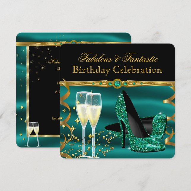 Emerald Green Champagne Heels Birthday Party Invitation (Front/Back)