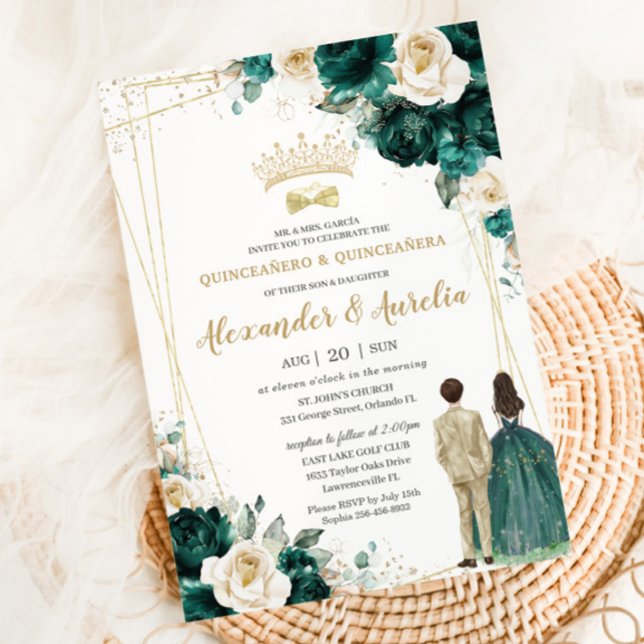 Emerald Green Champagne Twins Boy Girl Quinceañera Invitation (Creator Uploaded)
