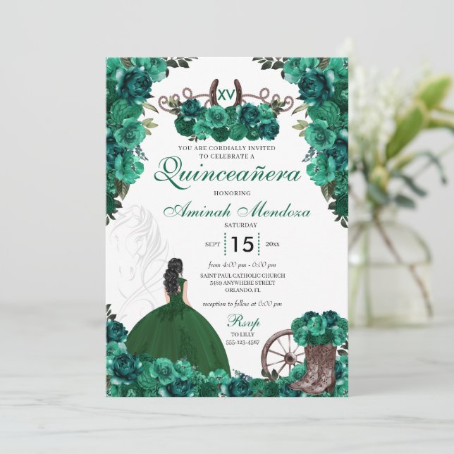 Emerald Green Charra Floral Boots Quinceañera Invitation (Standing Front)