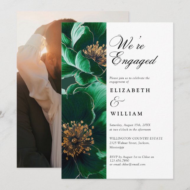 Emerald Green Chic Floral Engagement Party Photo Invitation (Front/Back)