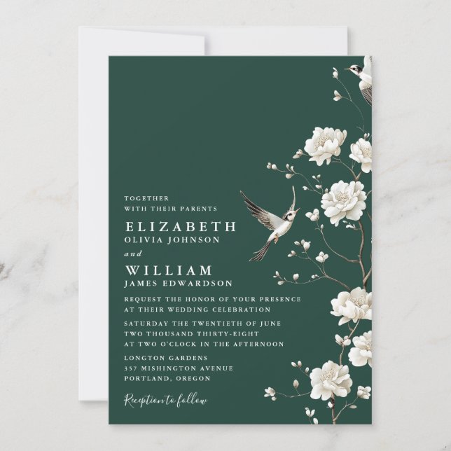 Emerald Green Chinoiserie Floral Details Wedding Invitation (Front)