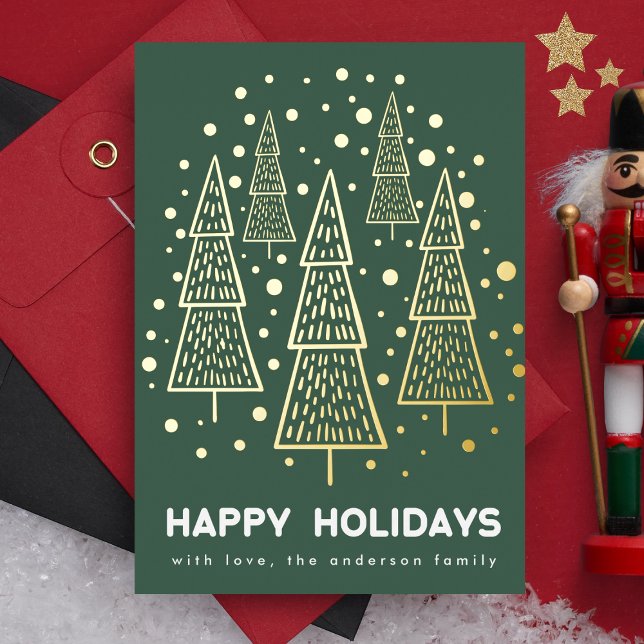 Emerald Green Christmas Pine Tree Forest Happy Foil Holiday Card (Creator Uploaded)