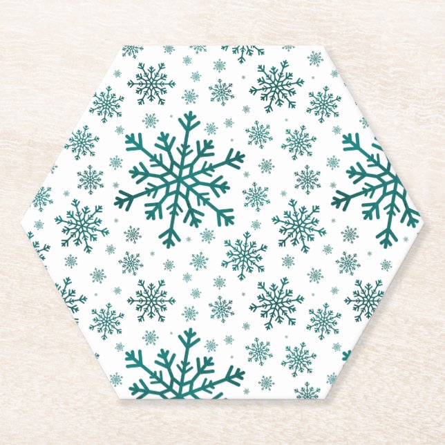 Emerald Green Christmas Snowflakes on Winter White Paper Coaster (Front)