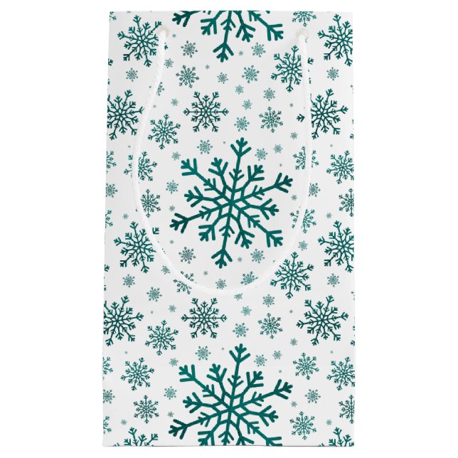 Emerald Green Christmas Snowflakes on Winter White Small Gift Bag (Front)