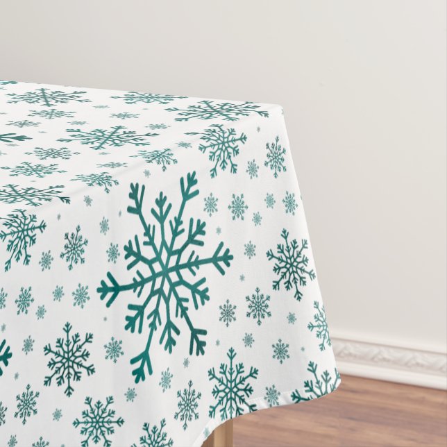 Emerald Green Christmas Snowflakes on Winter White Tablecloth (In Situ)