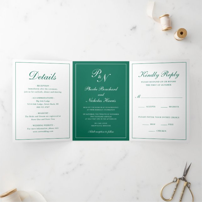 Emerald Green Classic Elegant Wedding Tri-Fold Invitation (Inside)