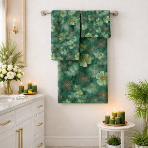 Emerald Green Clover Floral Pattern  Bath Towel Set