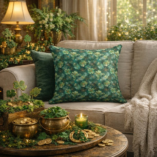 Emerald Green Clover Floral Pattern  Throw Pillow