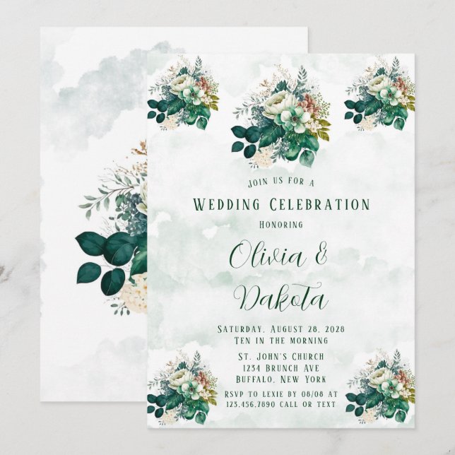 Emerald Green Cream Florals Wedding Celebration Invitation (Front/Back)