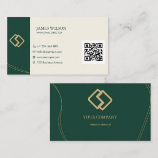 Emerald Green Cream Gold Custom Logo QR Business Card