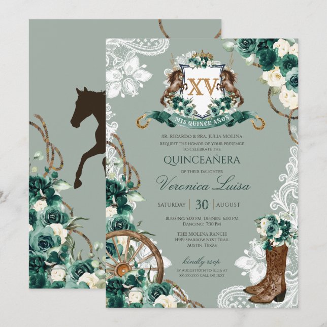 Emerald Green Crest Western Charro Quinceanera Invitation (Front/Back)