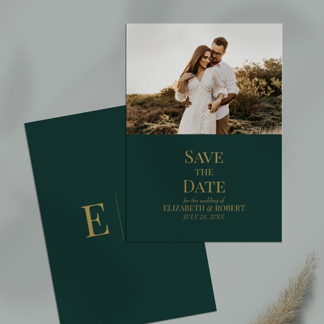 Emerald Green Custom Photo Save the Date Card (Emerald Green Custom Photo Save the Date Card on a table.)