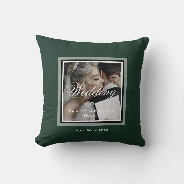 Emerald green customizable wedding couple photo throw pillow (Front)