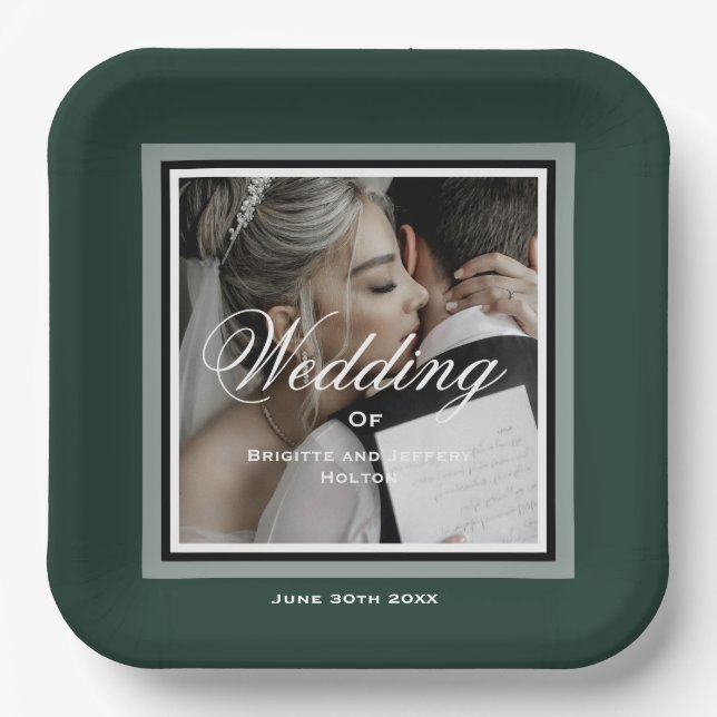 Emerald green customizable wedding photo paper plate (Front)