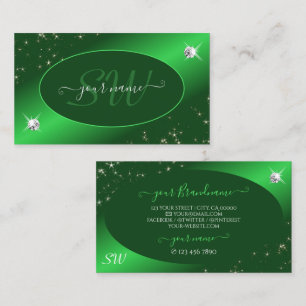 Emerald Green Cute Glitter Stars Diamonds Initials Business Card