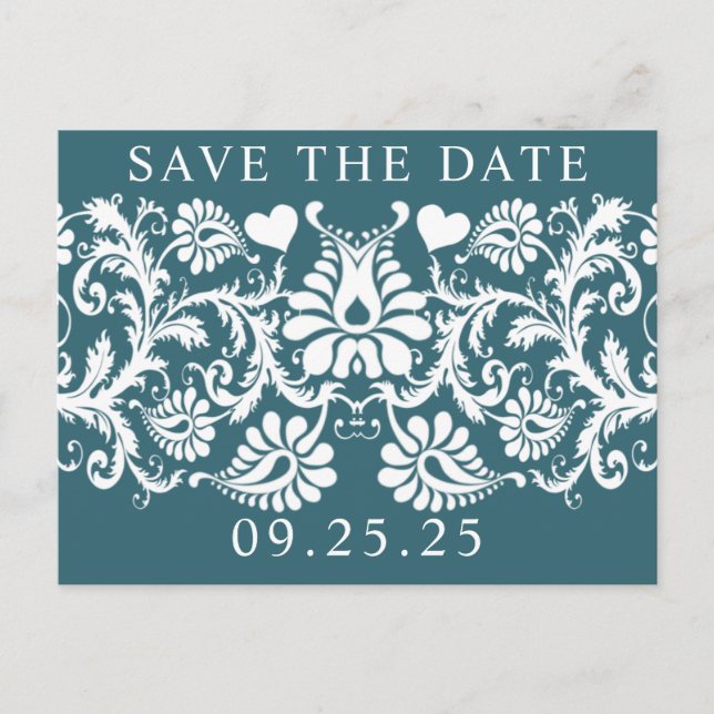 Emerald Green Damask Save the Date Announcement Postcard (Front)