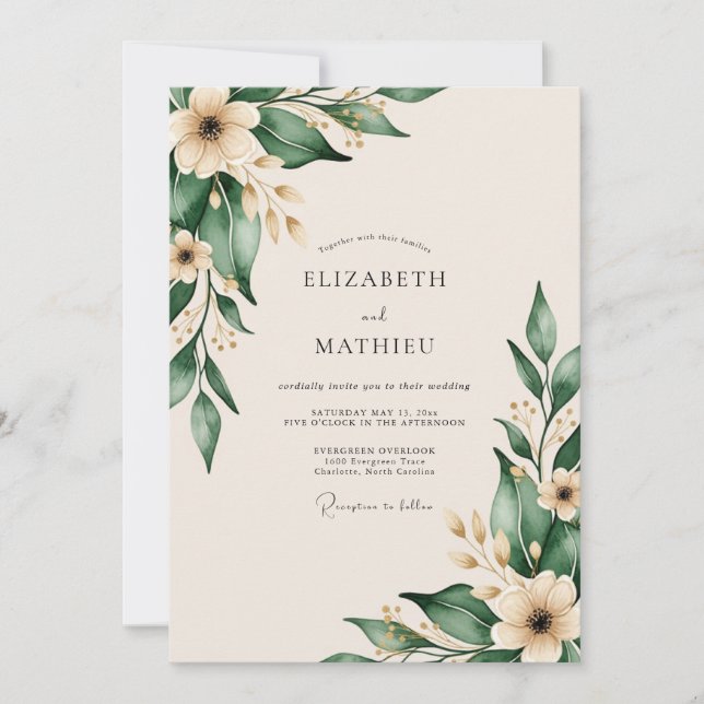 Emerald Green Delicate Botanical Wedding Invitation (Front)