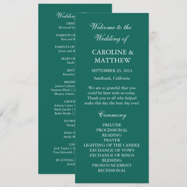 Emerald Green Dinner Modern Minimalistic Wedding  Program (Front/Back)