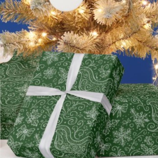 Emerald Green Doodle Christmas Sleigh Pattern Wrapping Paper (Creator Uploaded)