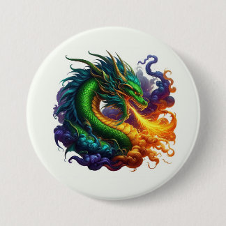 Emerald Green Dragon Breathing Fire 3 Inch Round Button