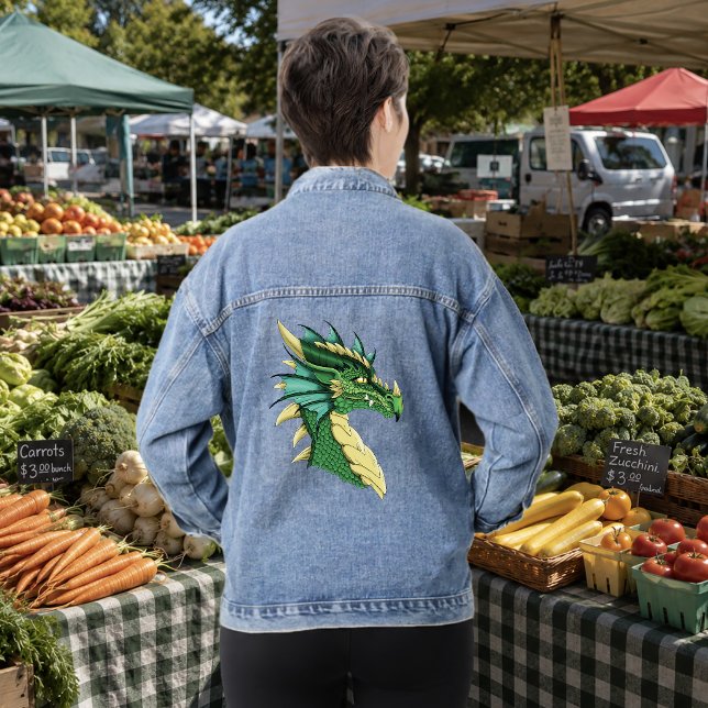 Emerald Green Dragon Portrait Head Fantasy Denim Jacket (Creator Uploaded)