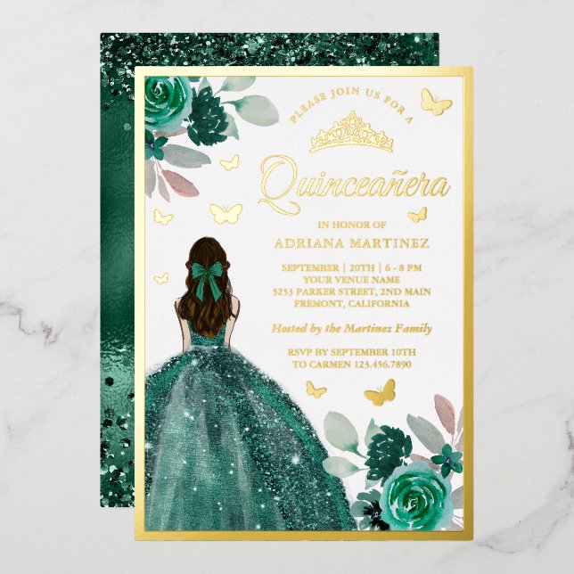 Emerald Green Dress Butterfly Quinceanera Gold (Front/Back)