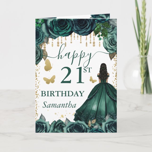 Emerald Green Dress Dark Skin Princess Birthday Card (Front)