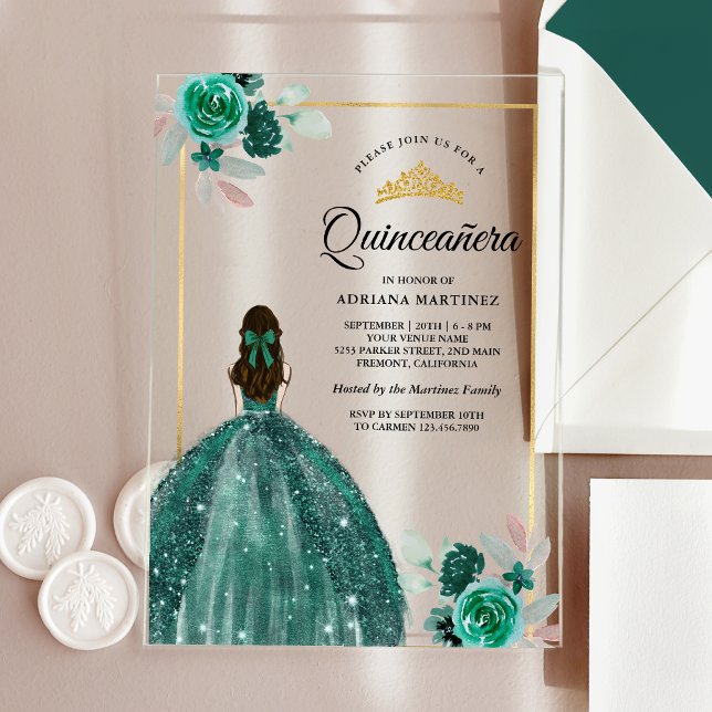 Emerald Green Dress Floral Gold Quinceanera Acrylic Invitations (Creator Uploaded)
