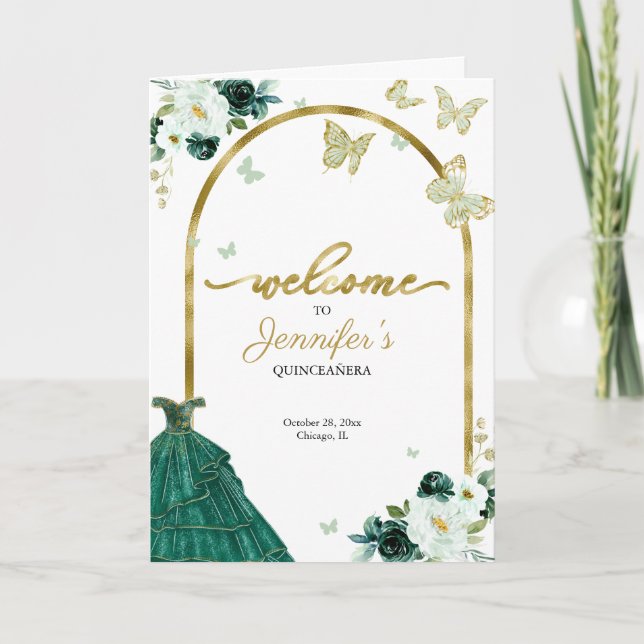 Emerald Green Dress Floral Quinceanera Programs (Front)