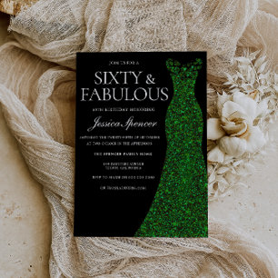 Emerald Green Dress Sixty &Fab Black 60th Birthday Invitation