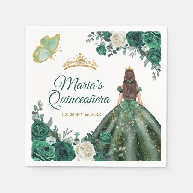 Emerald Green Dresses Quinceañera Crown Birthday Napkin (Front)
