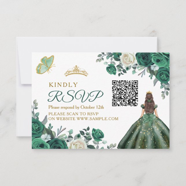 Emerald Green Dresses Quinceañera QR RSVP Card (Front)