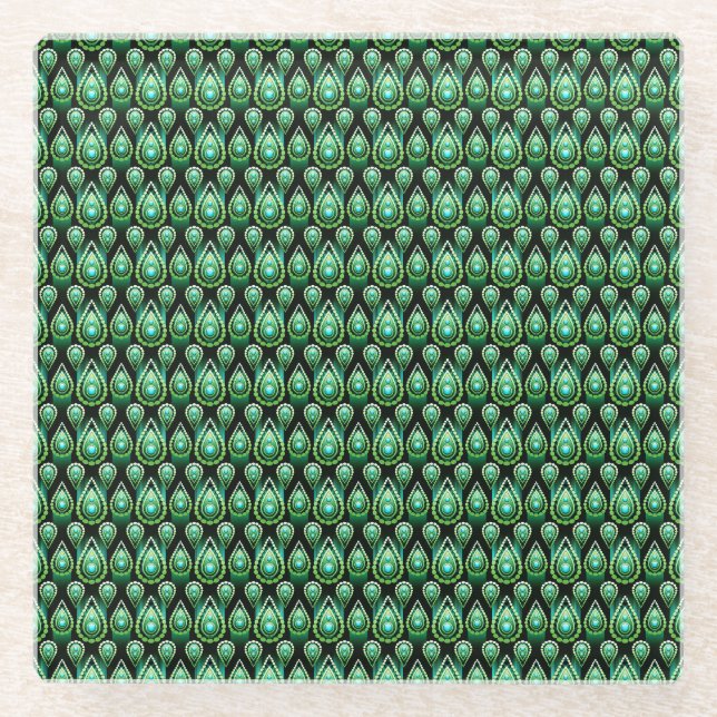 Emerald Green Drop Pattern Elegant Christmas Glass Coaster (Front)