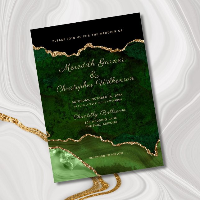 Emerald Green Elegance Gold Glitter Agate Wedding Invitation (Creator Uploaded)