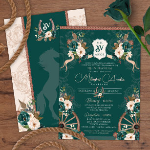 Emerald Green Elegant Baroque Charra Quinceañera Invitation