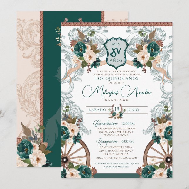 Emerald Green Elegant Charro Western Quinceanera Invitation (Front/Back)